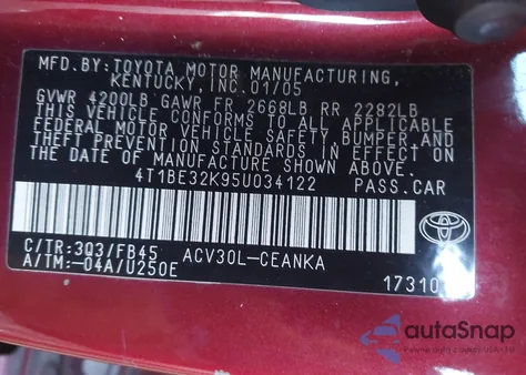 2005 Toyota Camry Le z USA, uszkodzony, nr VIN 4T1BE32K95U034122